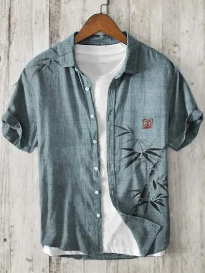 Simple Bamboo Japanese Art Linen Blend Shirt - Blue