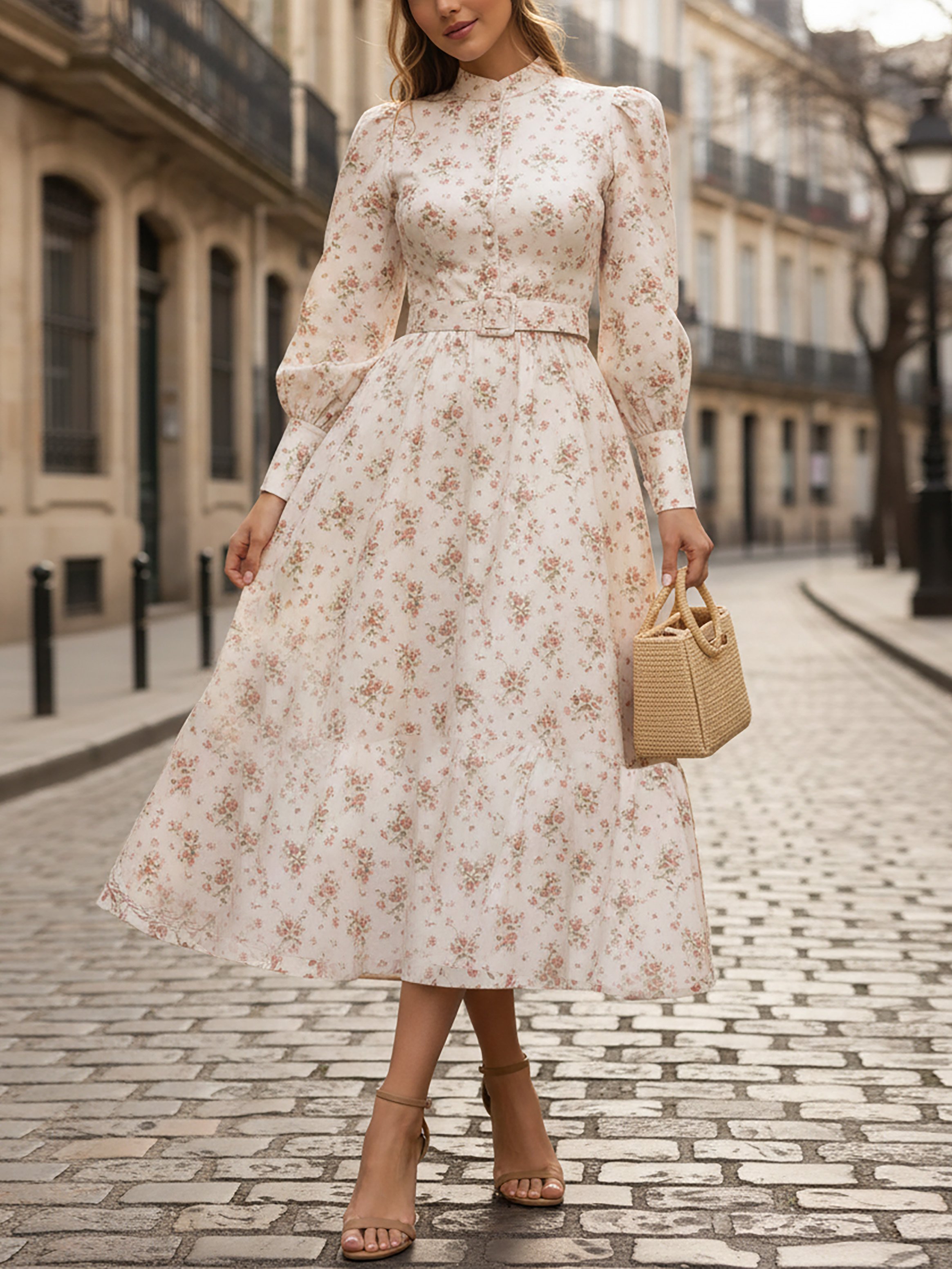 Midi Linen Dress, Long Sleeves, Stand Collar, Floral, Button Design, Vacation, Vintage, Pink - Pink