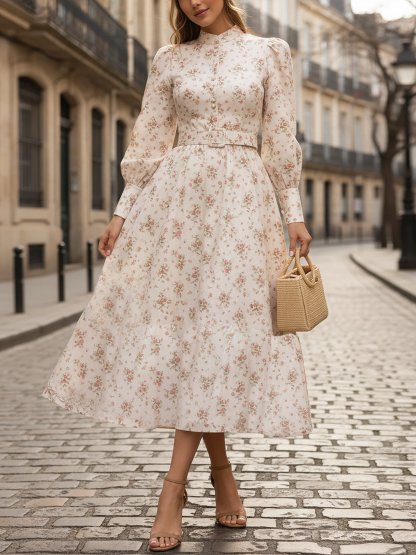 Midi Linen Dress, Long Sleeves, Stand Collar, Floral, Button Design, Vacation, Vintage, Pink - Pink