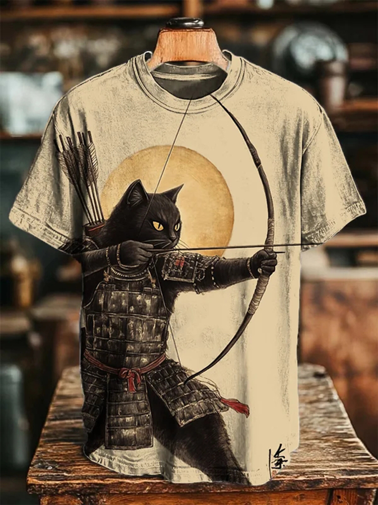 Men's Shooting Arrows Black Cat Art Print Casual T-shirt - White