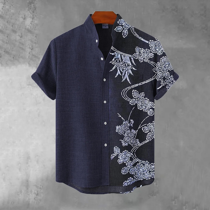 Japanese Art Print Flowers Casual Cotton Shirt - Navy blue