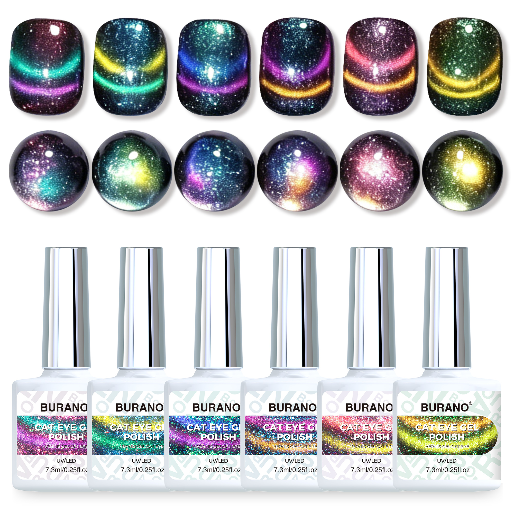 BURANO Magnetic Cat Eye Gel Nail Polish Set 6Pcs Holographic Gel CC1-7