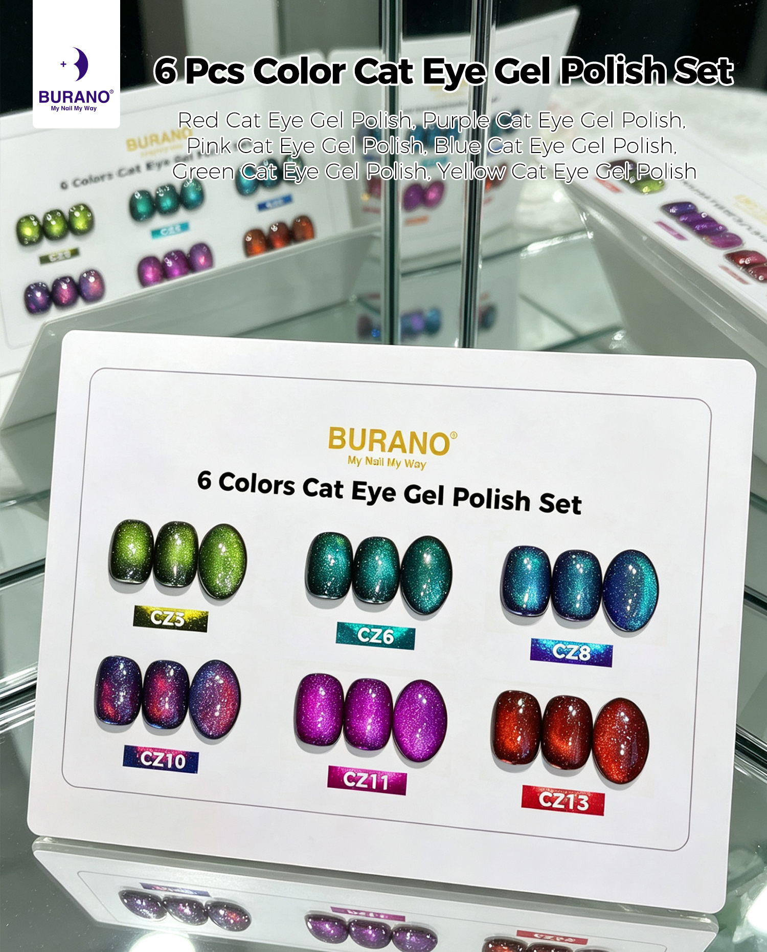 BURANO Magnetic Cat Eye Gel Nail Polish Set 6Pcs Holographic Gel CZ3-13