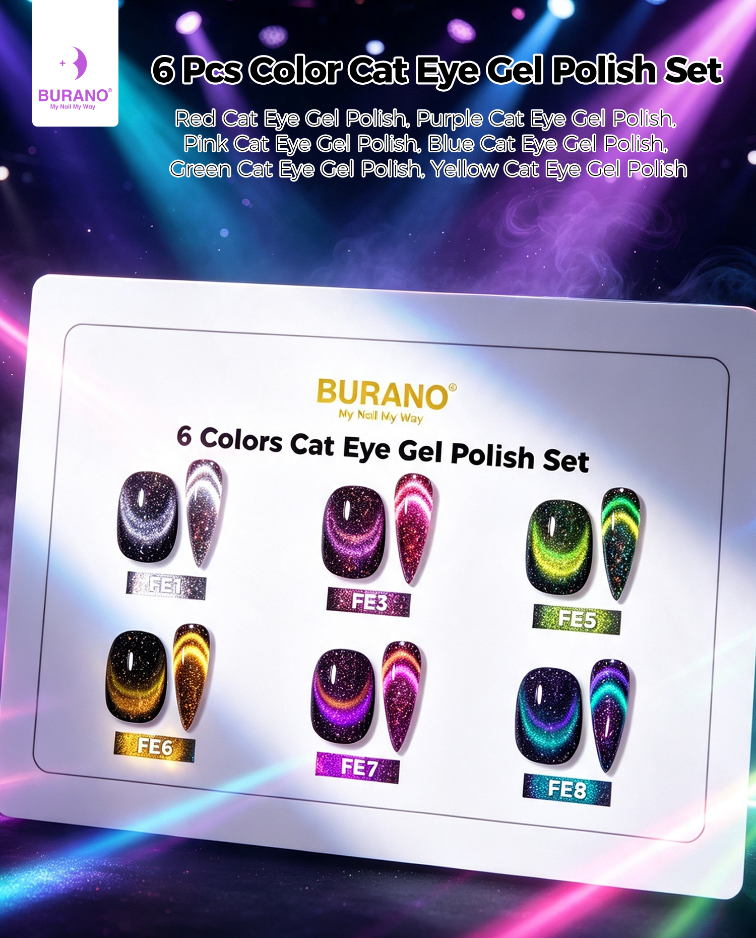 BURANO Magnetic Cat Eye Gel Nail Polish Set 6Pcs Holographic Gel