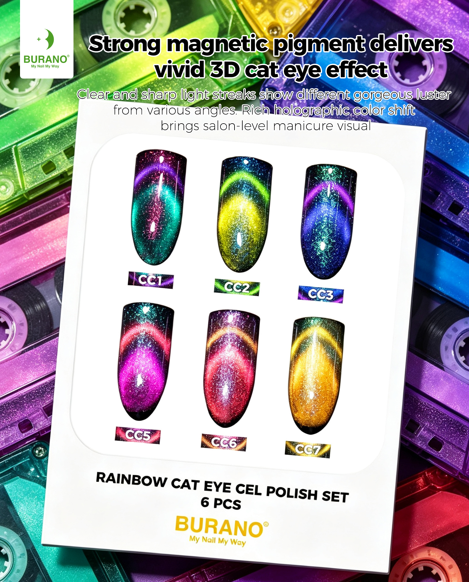 BURANO Magnetic Cat Eye Gel Nail Polish Set 6Pcs Holographic Gel CC1-7