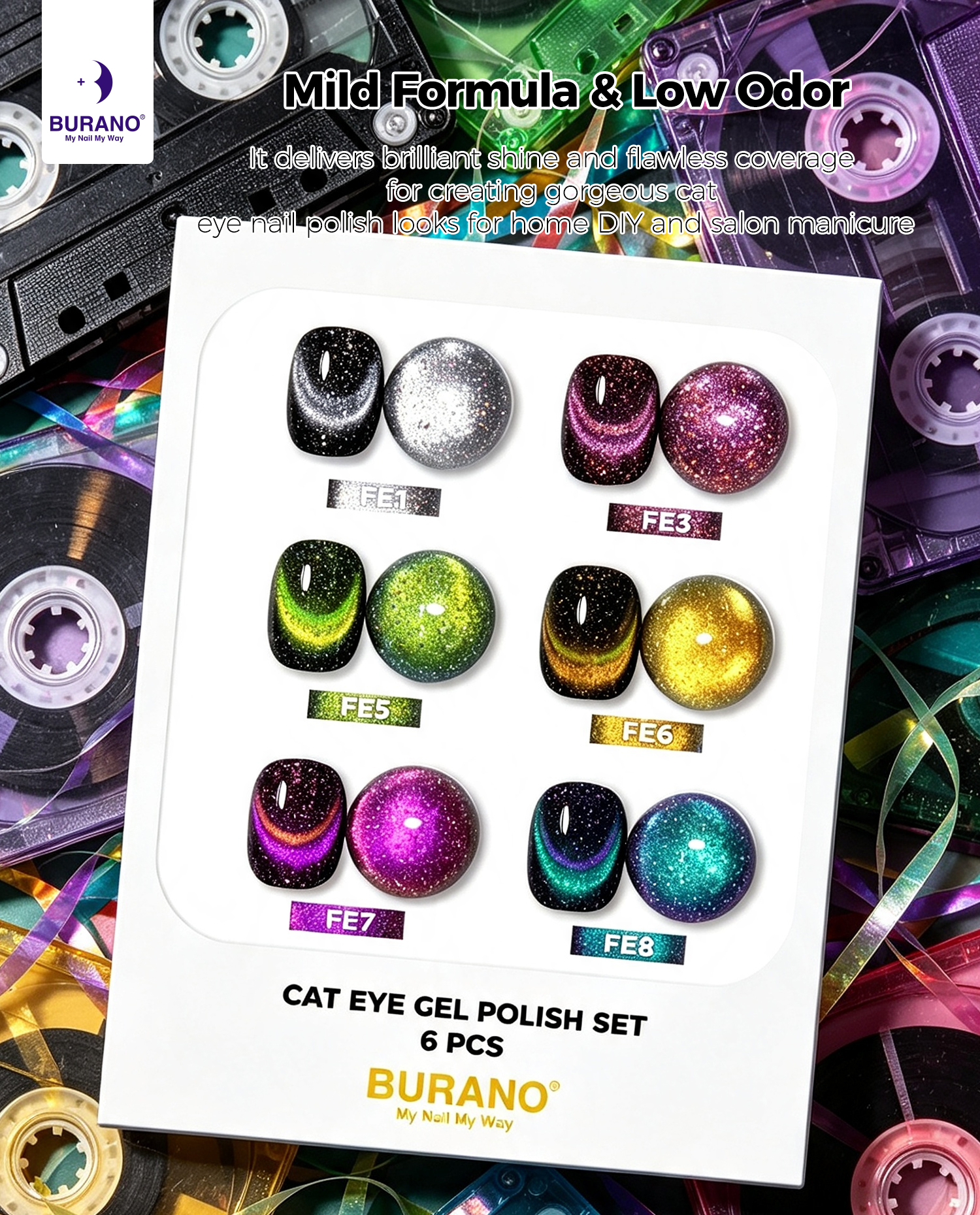 BURANO Magnetic Cat Eye Gel Nail Polish Set 6Pcs Holographic Gel