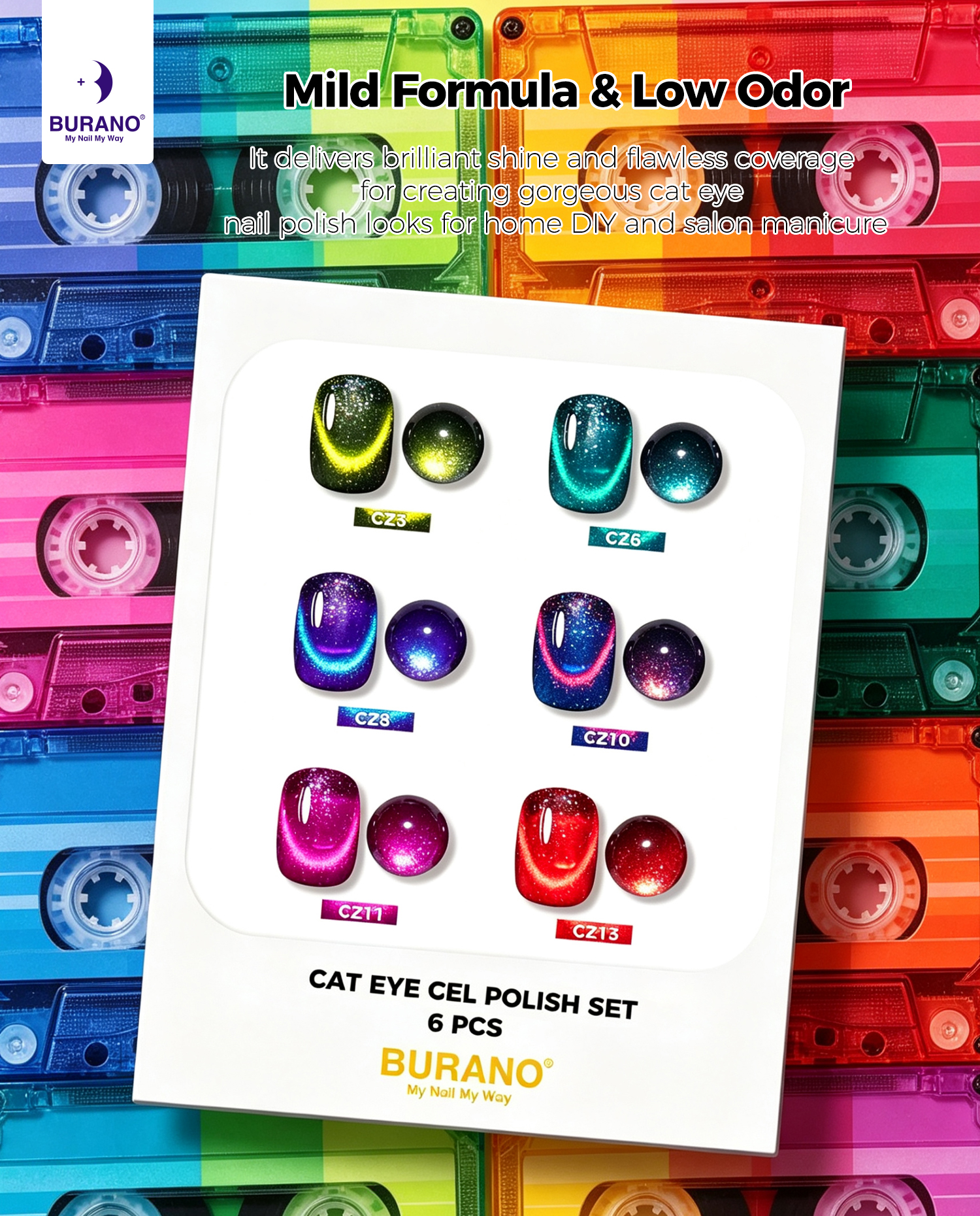 BURANO Magnetic Cat Eye Gel Nail Polish Set 6Pcs Holographic Gel CZ3-13