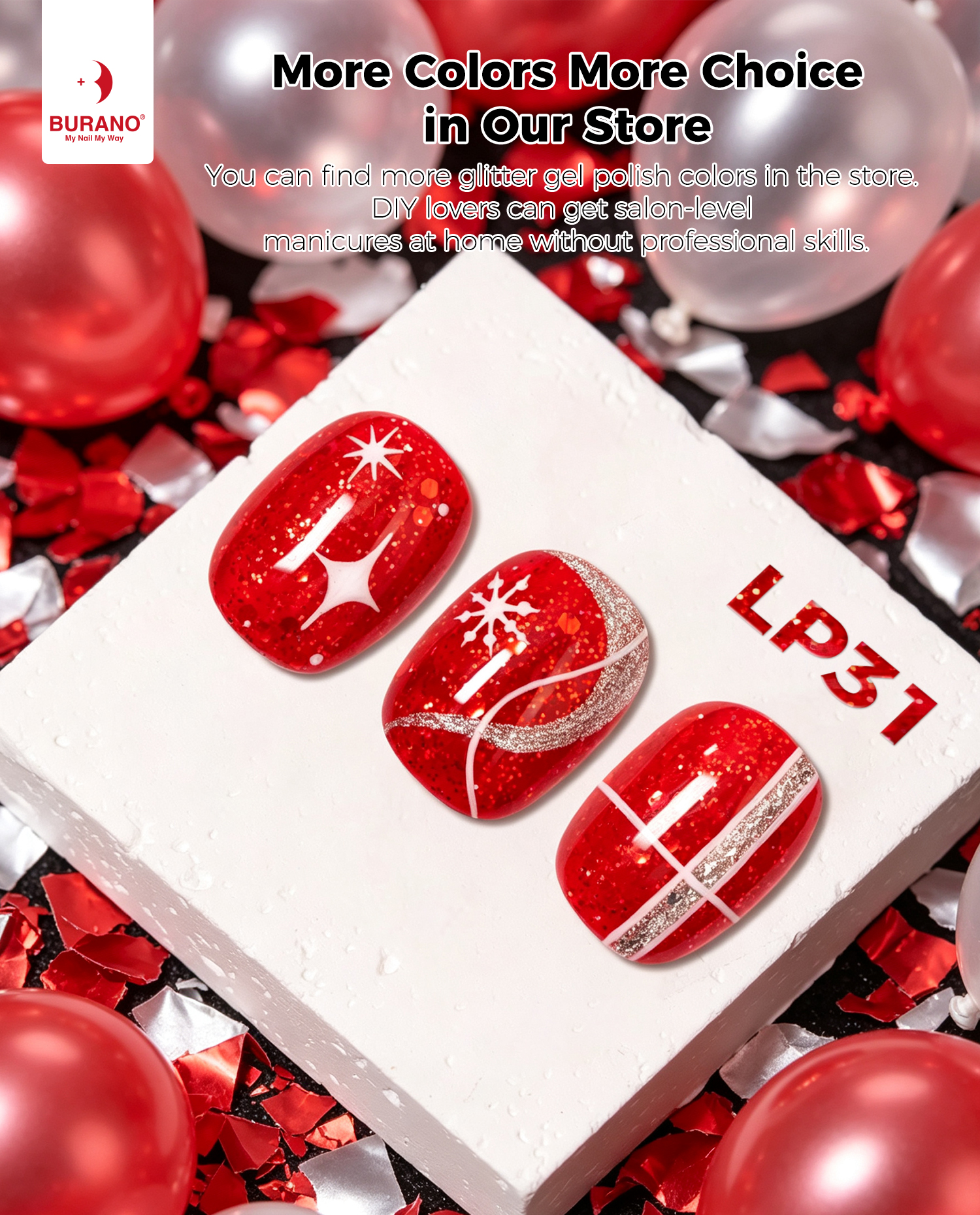 BURANO Red Glitter Gel Nail Polish UV LED Holographic Nail Gel LP31