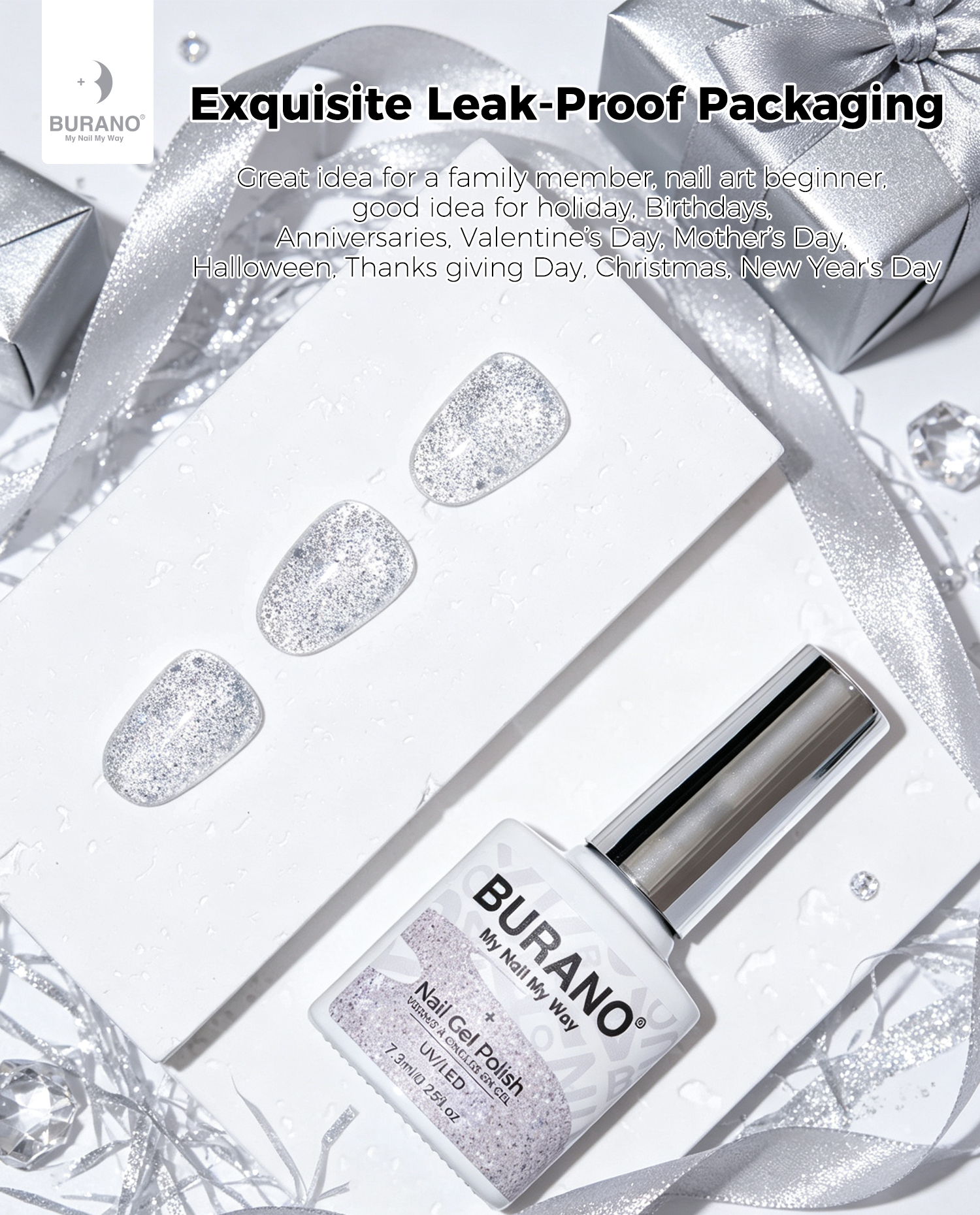BURANO Platinum Silver Glitter Gel Nail Polish UV Holographic Nail Gel BZ6