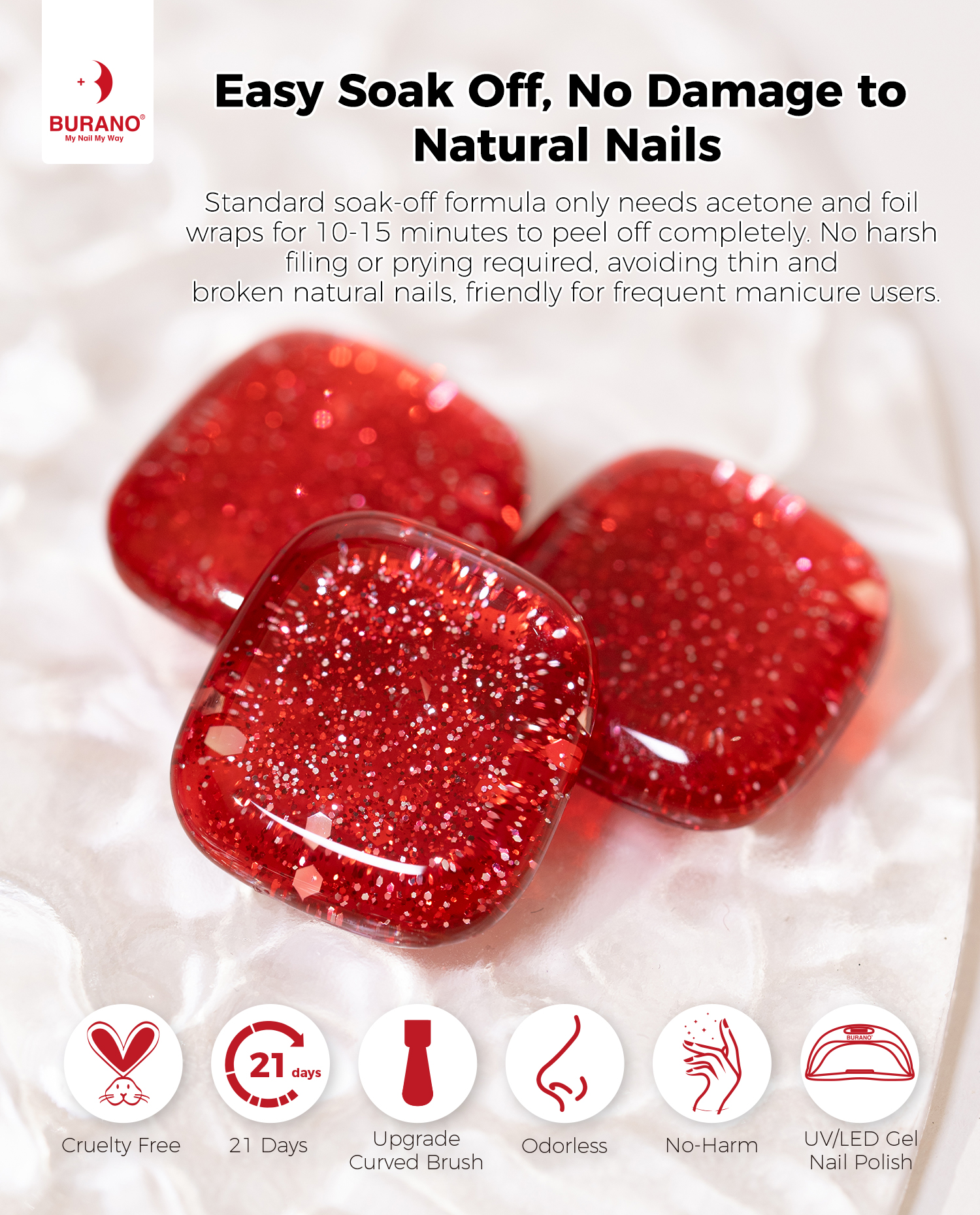 BURANO Red Glitter Gel Nail Polish UV LED Holographic Nail Gel LP31
