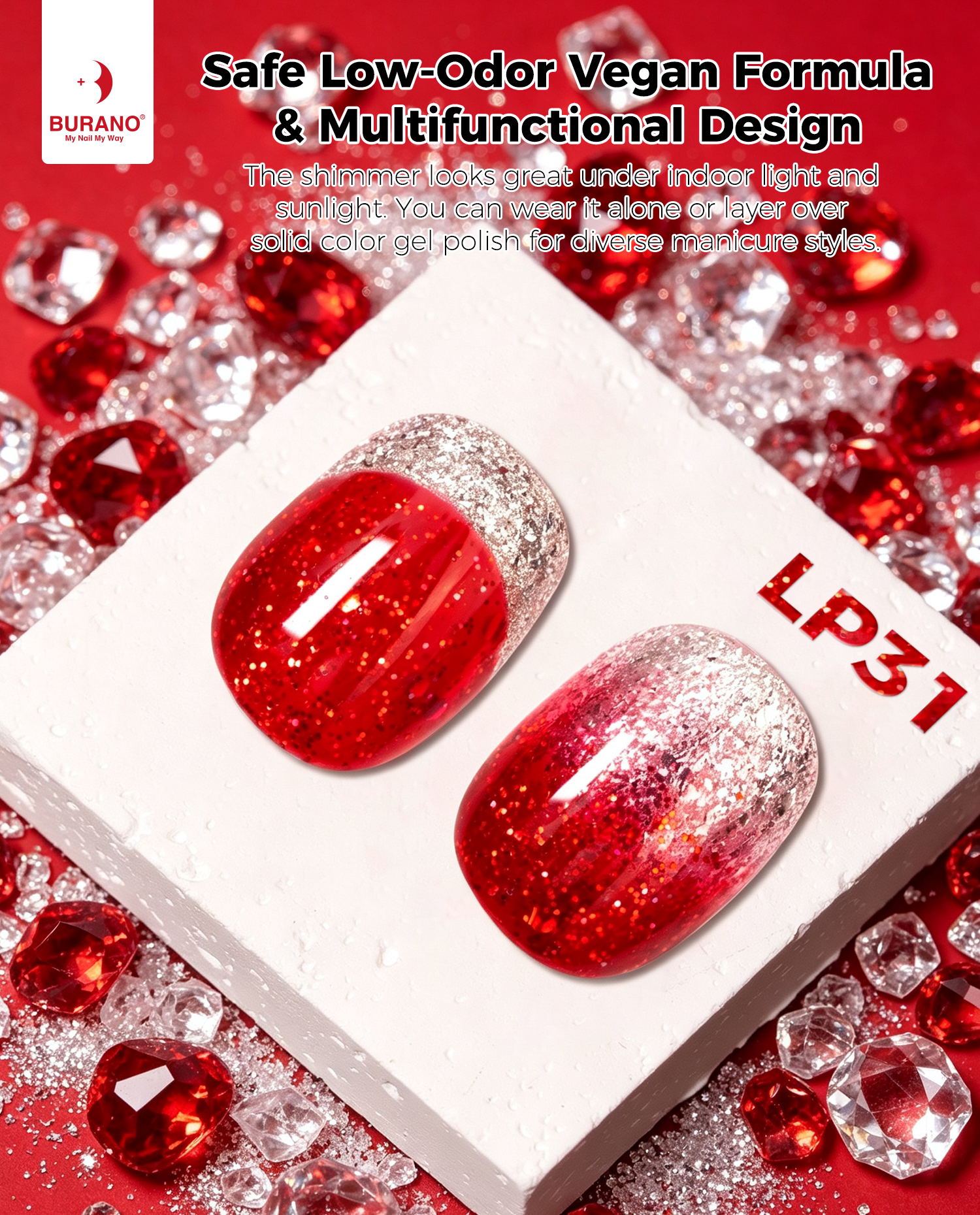 BURANO Red Glitter Gel Nail Polish UV LED Holographic Nail Gel LP31