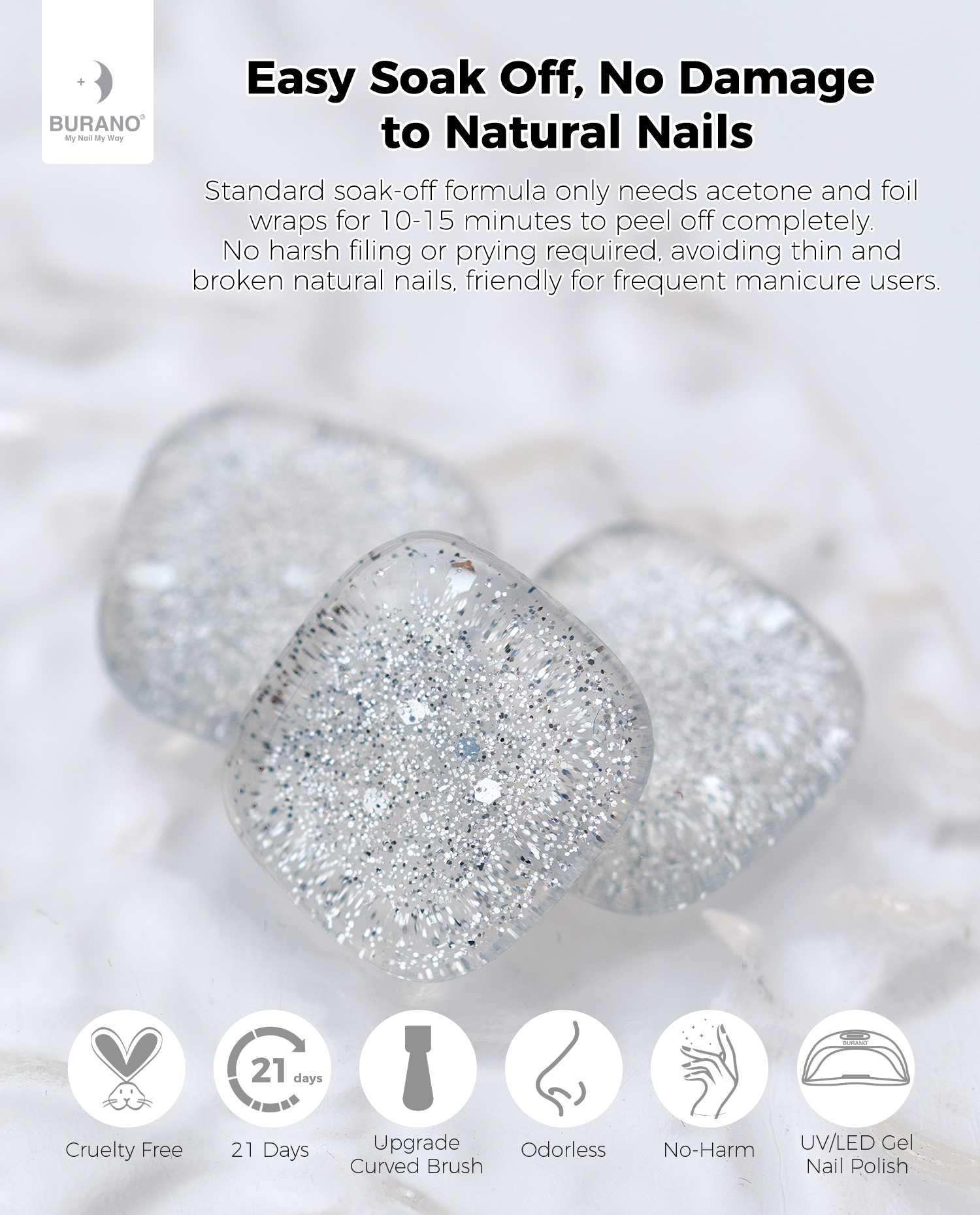 BURANO Platinum Silver Glitter Gel Nail Polish UV Holographic Nail Gel BZ6