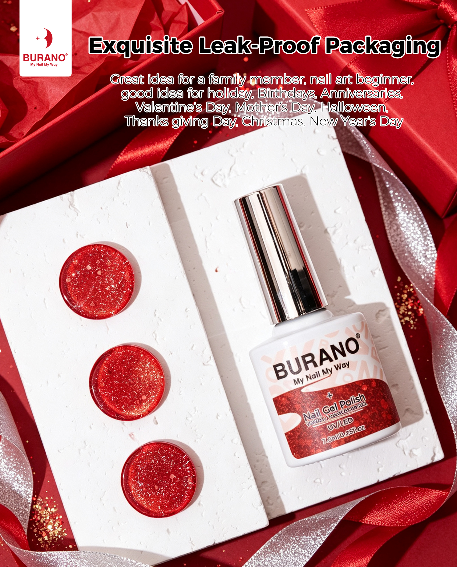 BURANO Red Glitter Gel Nail Polish UV LED Holographic Nail Gel LP31