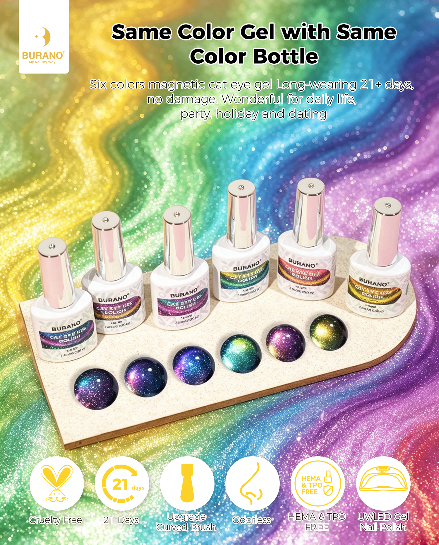 BURANO Magnetic Cat Eye Gel Nail Polish Set 6Pcs Holographic Gel CC1-7