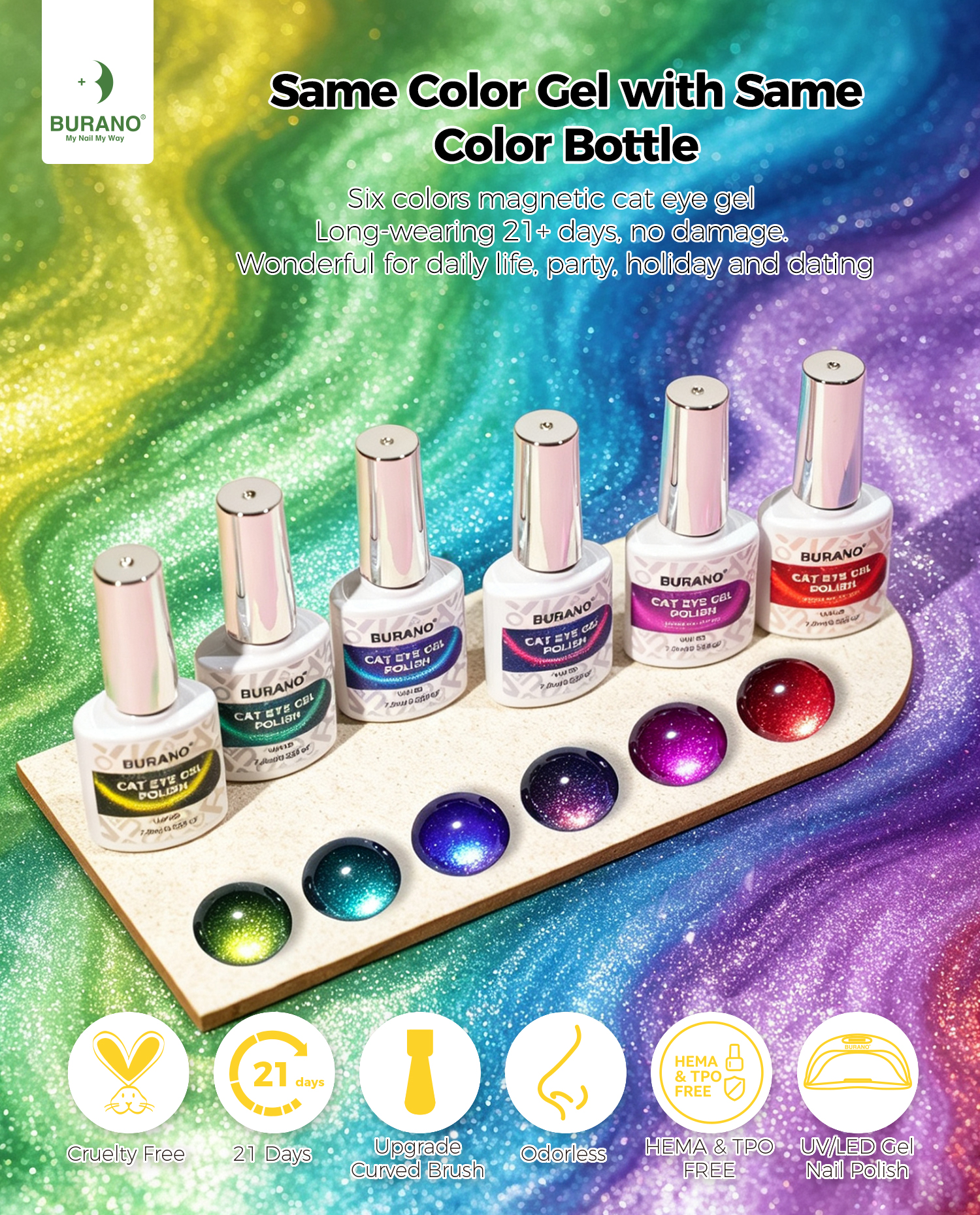 BURANO Magnetic Cat Eye Gel Nail Polish Set 6Pcs Holographic Gel CZ3-13