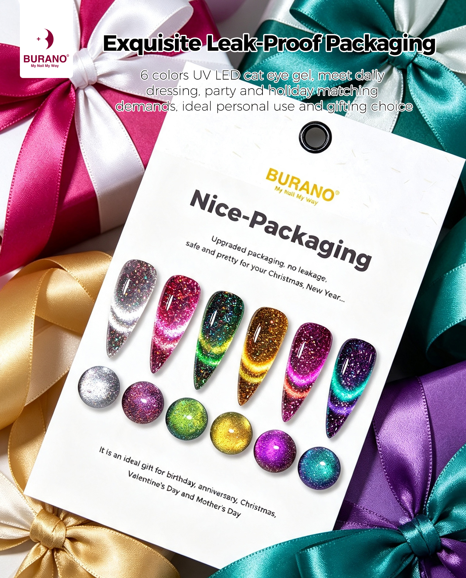 BURANO Magnetic Cat Eye Gel Nail Polish Set 6Pcs Holographic Gel