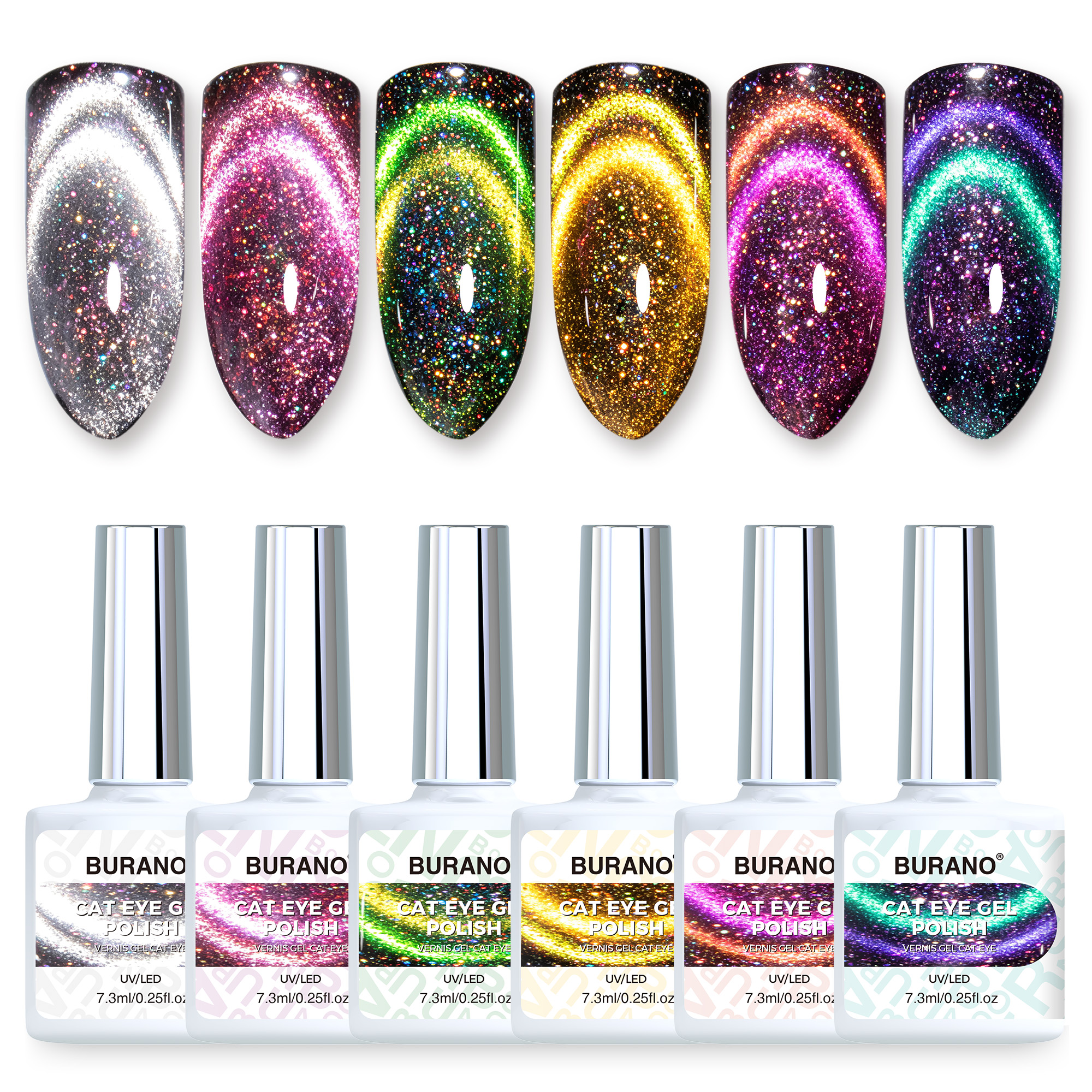 BURANO Magnetic Cat Eye Gel Nail Polish Set 6Pcs Holographic Gel