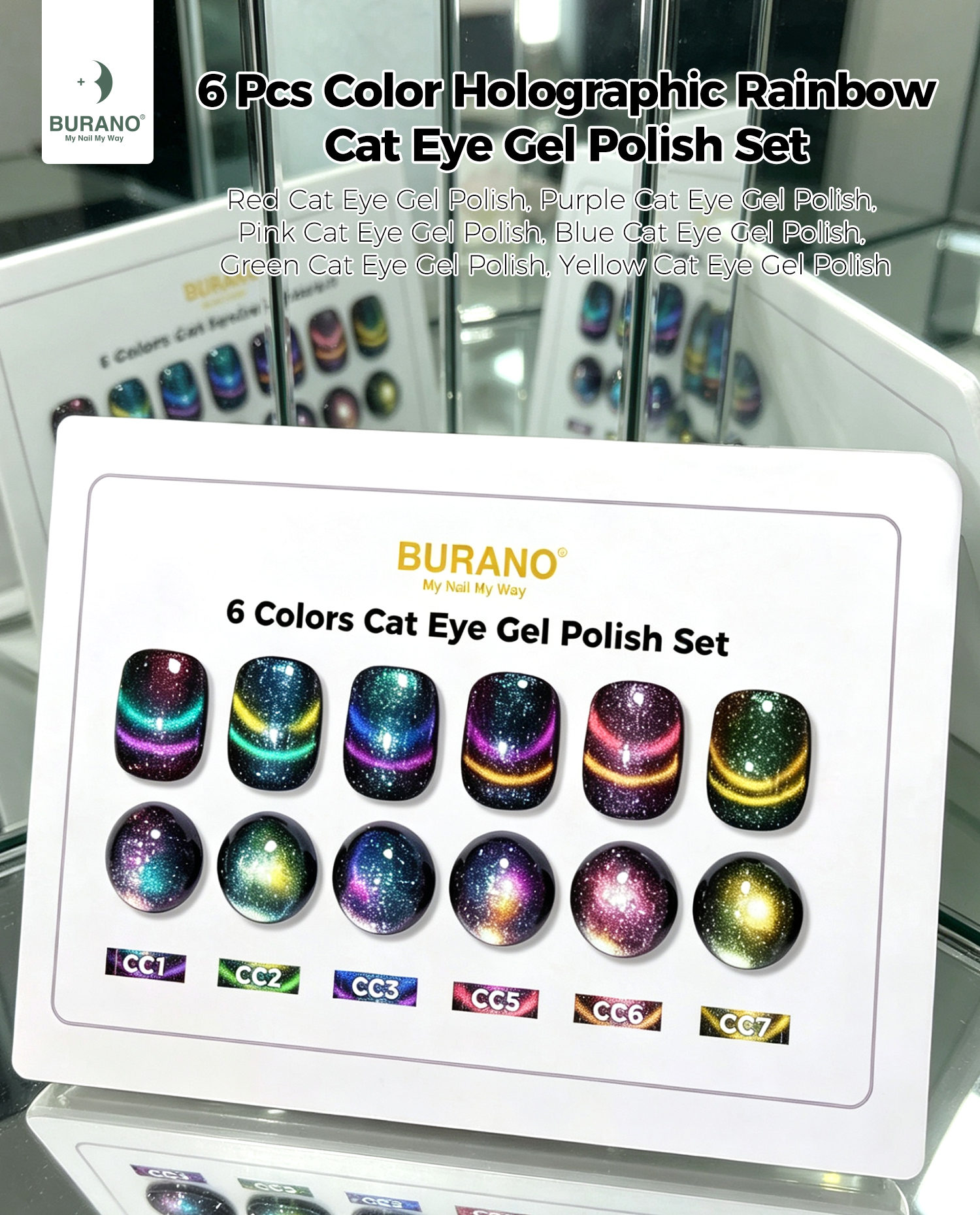 BURANO Magnetic Cat Eye Gel Nail Polish Set 6Pcs Holographic Gel CC1-7