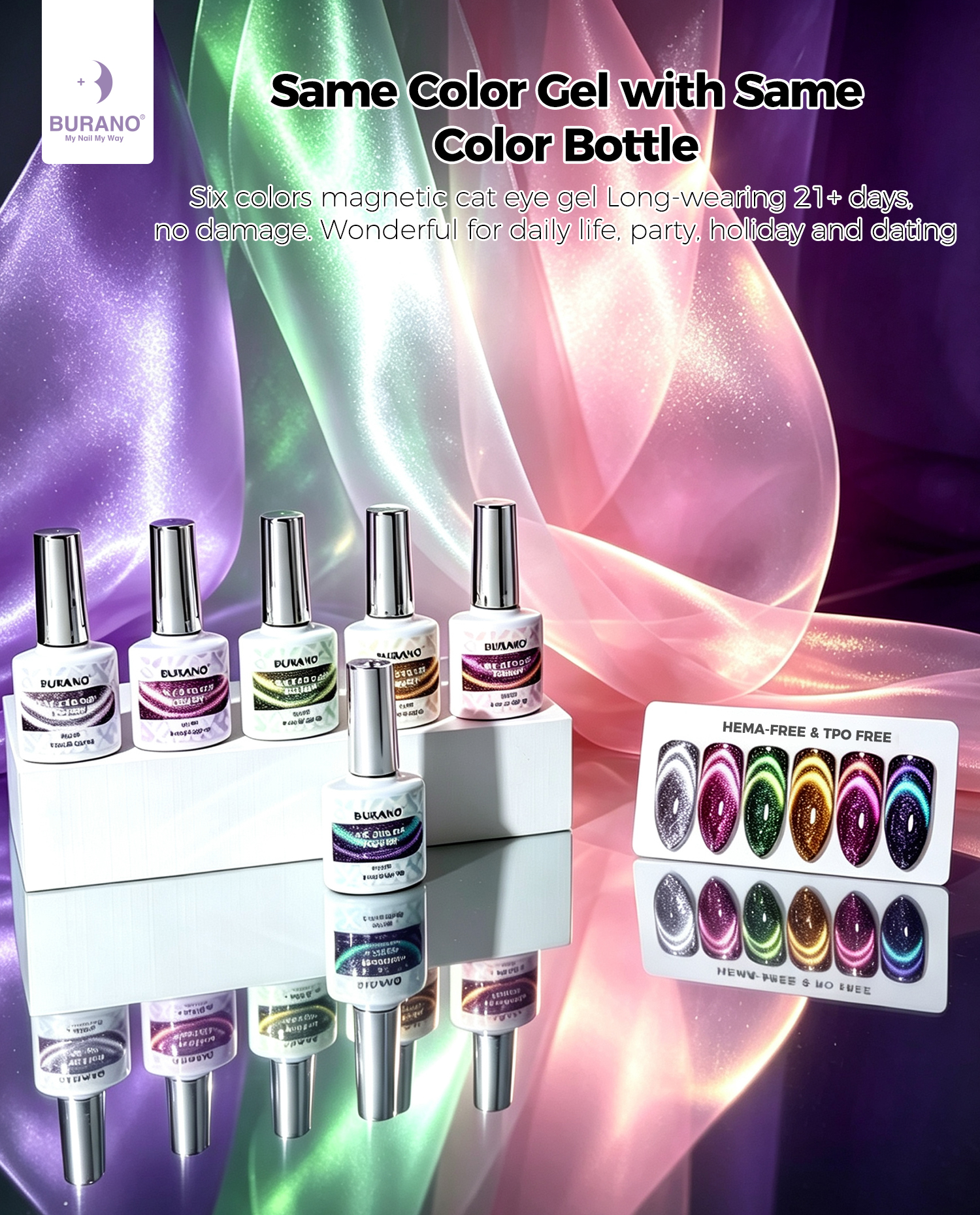 BURANO Magnetic Cat Eye Gel Nail Polish Set 6Pcs Holographic Gel