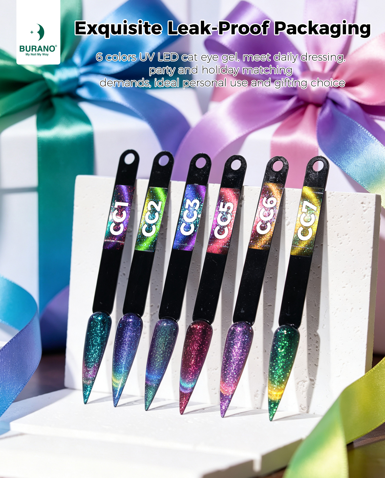 BURANO Magnetic Cat Eye Gel Nail Polish Set 6Pcs Holographic Gel CC1-7