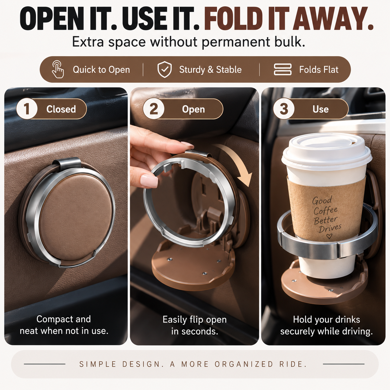 Foldable Car Cup Holder Open and Closed