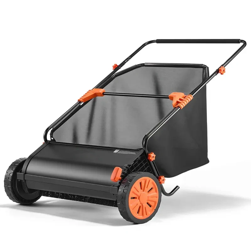 30" Push Lawn Sweeper – 12 Cu. Ft. Hopper Bag, 10-Level Adjustable Brush Height, Spinning Brushes & Heavy-Duty Metal Frame