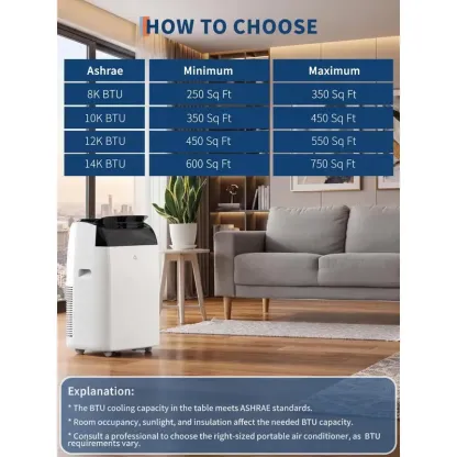 14000 BTU Portable Air Conditioner – 3-in-1 AC, Dehumidifier & Fan for Rooms up to 750 Sq. Ft.