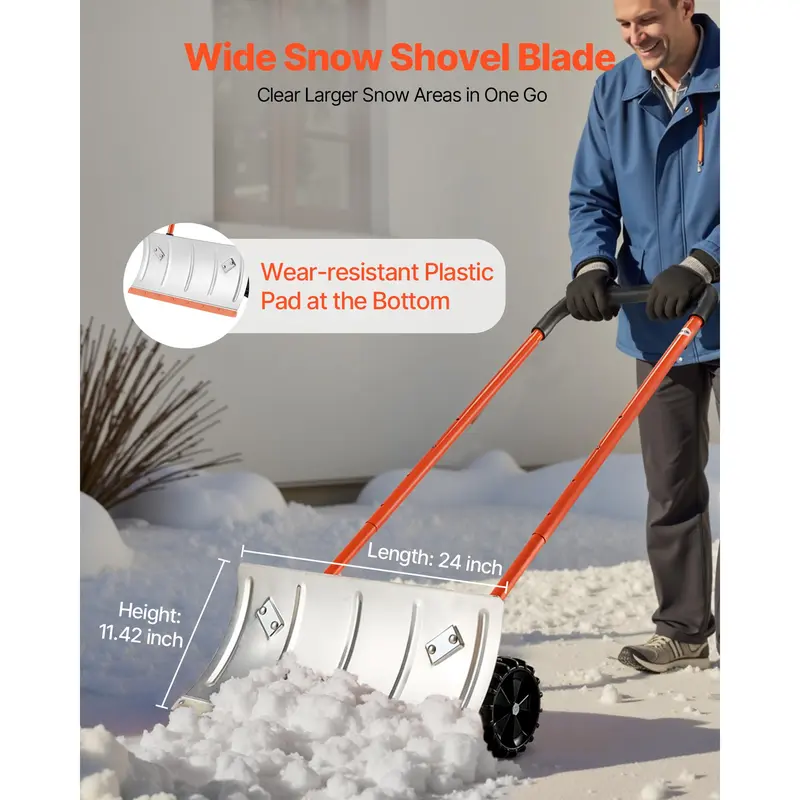 Heavy-Duty Wheeled Snow Pusher Shovel – 24-Inch Wide Blade, Adjustable 90° Handle, 6.3-Inch Surface-Safe Wheels, Quiet Snow Removal Tool for Driveways