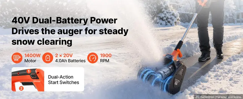 VEVOR Electric Snow Shovel 40V 13.5" Battery-Powered Cordless Snow Blower, for Driveway Patio Deck, Includes 2 x 4Ah Batteries & Charger, 20 ft Throw Distance, 60° Chute, LED Light, Adjustable Handle,toolupgrade VEVOR Electric Snow Shovel 40V 13.5" Battery-Powered Cordless Snow Blower, for Driveway Patio Deck, Includes 2 x 4Ah Batteries & Charger, 20 ft Throw Distance, 60° Chute, LED Light, Adjustable Handle,toolupgrade