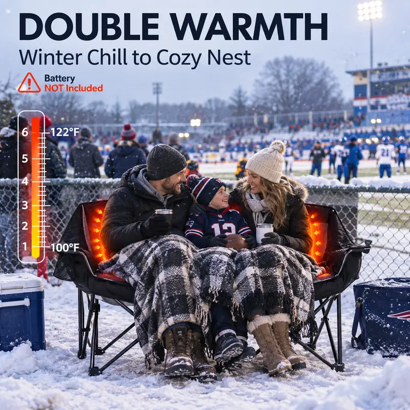 Heated Double Camping Chair – Oversized Padded Folding Loveseat, 600 lb Capacity, 600D Oxford Fabric, Side Pocket for Camping, Tailgating, Sports & Outdoor Use