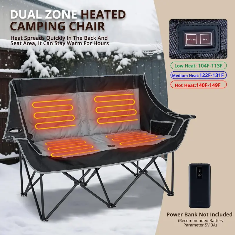 Heated Double Camping Chair – Oversized Padded Folding Loveseat, 600 lb Capacity, 600D Oxford Fabric, Side Pocket for Camping, Tailgating, Sports & Outdoor Use