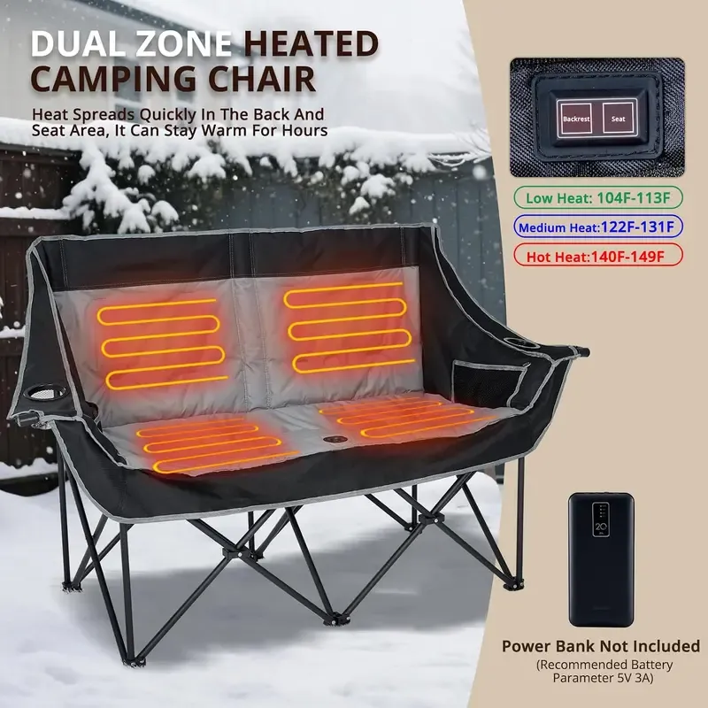 Heated Double Camping Chair – Oversized Padded Folding Loveseat, 600 lb Capacity, 600D Oxford Fabric, Side Pocket for Camping, Tailgating, Sports & Outdoor Use