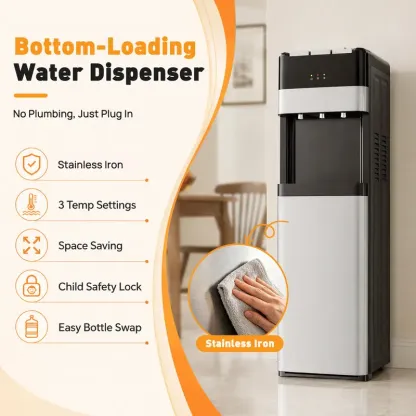 5-Gallon Bottom-Loading Water Cooler Dispenser – Stainless Steel, 3 Temperature Settings, Child Safety Lock