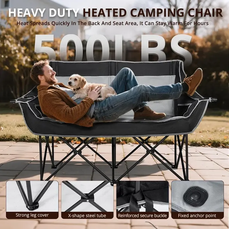 Heated Double Camping Chair – Oversized Padded Folding Loveseat, 600 lb Capacity, 600D Oxford Fabric, Side Pocket for Camping, Tailgating, Sports & Outdoor Use
