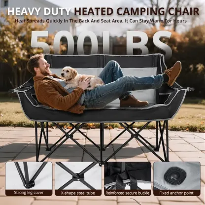 Heated Double Camping Chair – Oversized Padded Folding Loveseat, 600 lb Capacity, 600D Oxford Fabric, Side Pocket for Camping, Tailgating, Sports & Outdoor Use