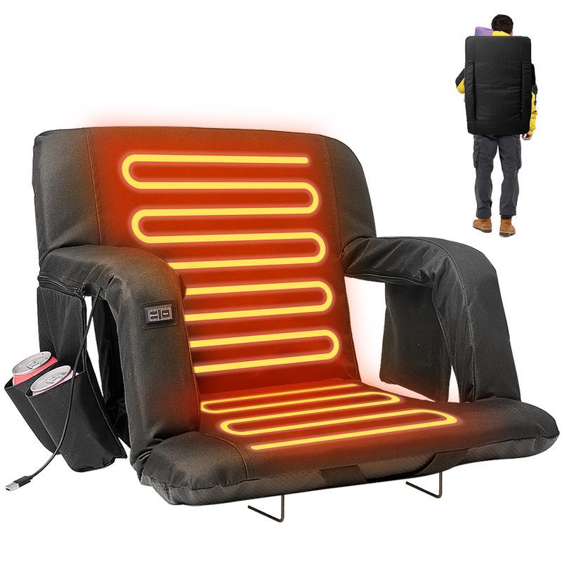 Heated Stadium Seat with Backrest & Armrests – Adjustable Bleacher Chair, 3-Level Temperature Control, 6 Reclining Positions & Safety Straps