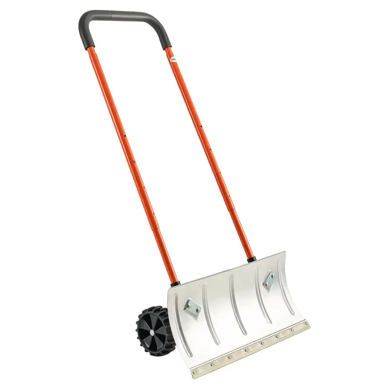 Heavy-Duty Wheeled Snow Pusher Shovel – 24-Inch Wide Blade, Adjustable 90° Handle, 6.3-Inch Surface-Safe Wheels, Quiet Snow Removal Tool for Driveways
