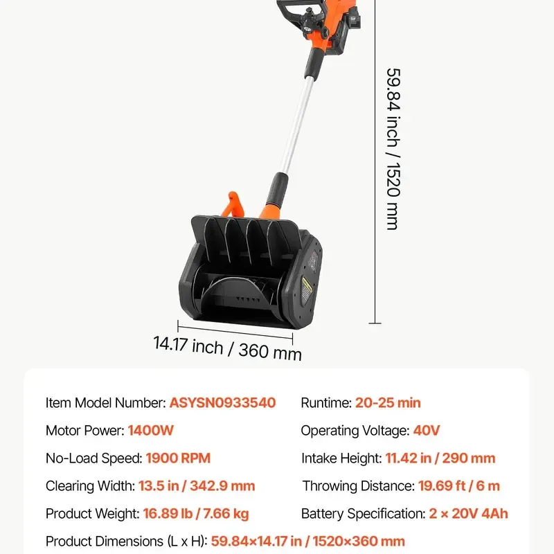 40V Cordless Electric Snow Shovel – 13.5" Clearing Width, 20 ft Throw Distance, 60° Adjustable Chute, LED Light, Adjustable Handle, 2 × 4.0Ah Batteries & Charger