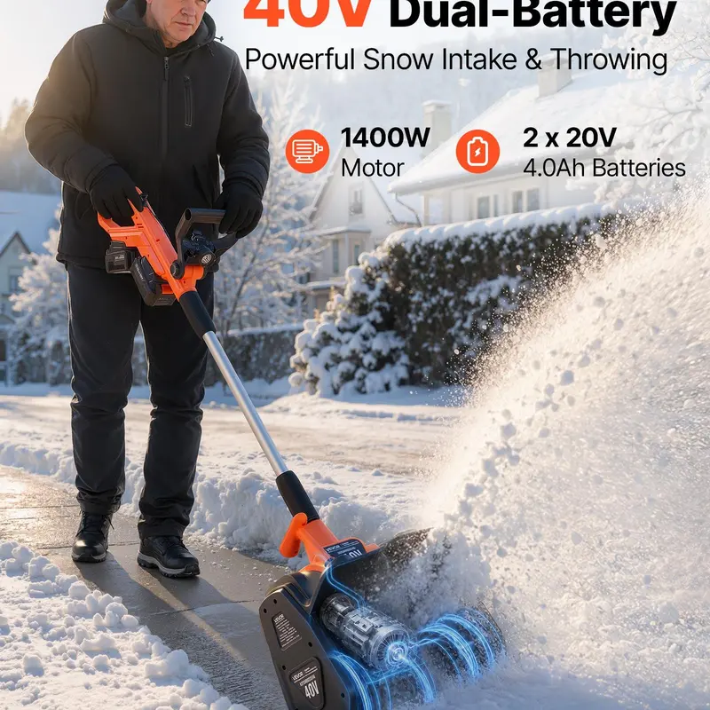 40V Cordless Electric Snow Shovel – 13.5" Clearing Width, 20 ft Throw Distance, 60° Adjustable Chute, LED Light, Adjustable Handle, 2 × 4.0Ah Batteries & Charger