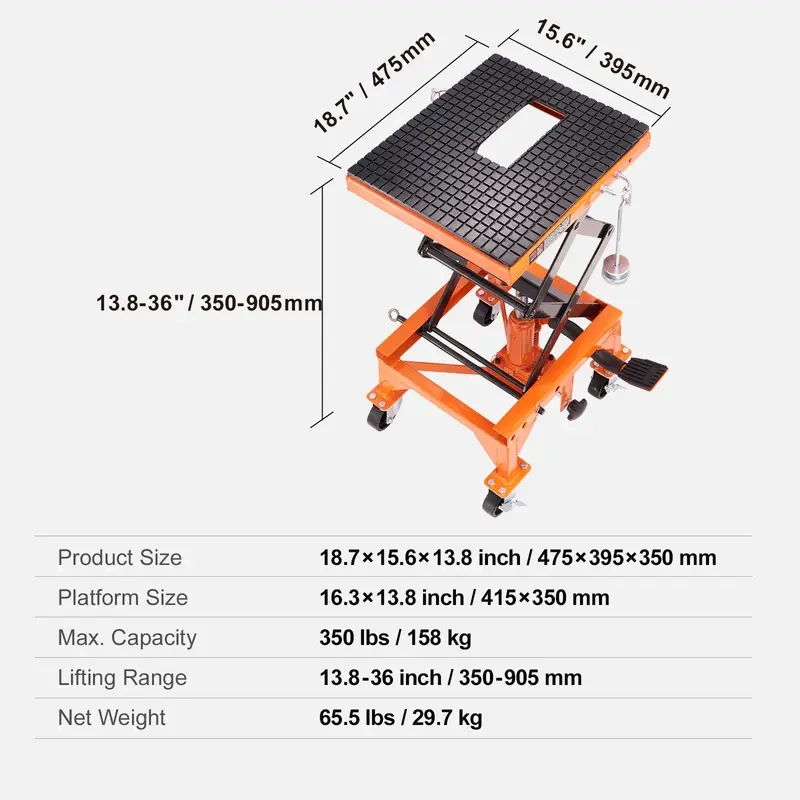 Hydraulic Motorcycle Lift Table – 350 lb Capacity, 36" Max Lift Height, Non-Slip Platform, Foot-Operated Jack & Lockable Casters for Motorcycle and ATV Maintenance
