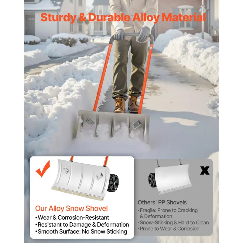 Heavy-Duty Wheeled Snow Pusher Shovel – 24-Inch Wide Blade, Adjustable 90° Handle, 6.3-Inch Surface-Safe Wheels, Quiet Snow Removal Tool for Driveways