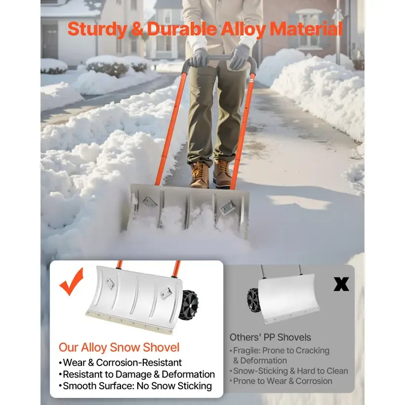 Heavy-Duty Wheeled Snow Pusher Shovel – 24-Inch Wide Blade, Adjustable 90° Handle, 6.3-Inch Surface-Safe Wheels, Quiet Snow Removal Tool for Driveways