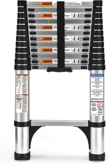 12.5FT Telescoping Extension Ladder – Aluminum Folding Ladder with Stabilizer Bars for Home, RV & Outdoor Use