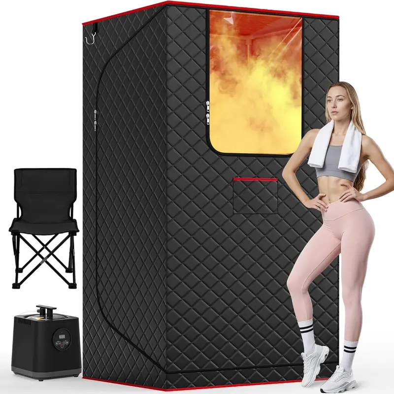 Portable Home Sauna Tent for 2 Adults – 1200W Steam Generator, 3.0L 304 Stainless Steel Tank, 15 Power Levels, Foldable 5-Layer Heat-Insulated Design, 48.5" × 37" × 71", Black Chairs Included