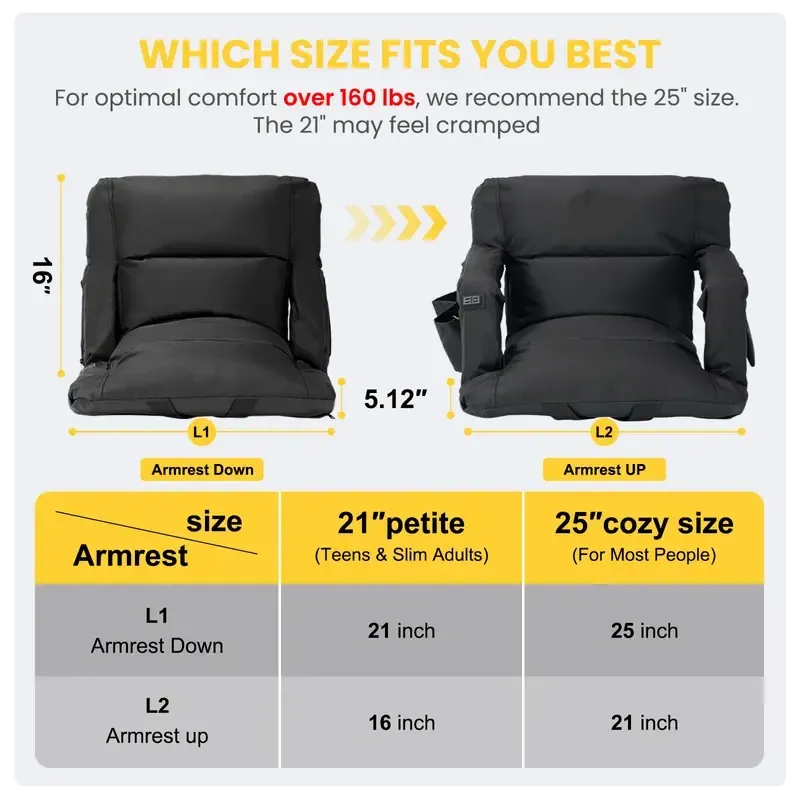 Heated Stadium Seat with Backrest & Armrests – Adjustable Bleacher Chair, 3-Level Temperature Control, 6 Reclining Positions & Safety Straps