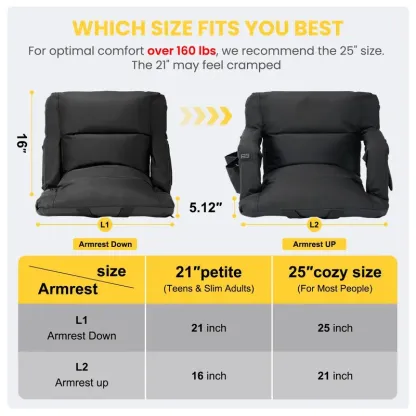 Heated Stadium Seat with Backrest & Armrests – Adjustable Bleacher Chair, 3-Level Temperature Control, 6 Reclining Positions & Safety Straps