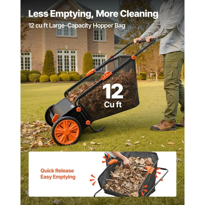30" Push Lawn Sweeper – 12 Cu. Ft. Hopper Bag, 10-Level Adjustable Brush Height, Spinning Brushes & Heavy-Duty Metal Frame