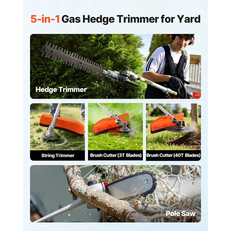 63cc 2-Cycle Gas 5-in-1 Multi-Tool – Hedge Trimmer, String Trimmer, Brush Cutter & Pole Saw