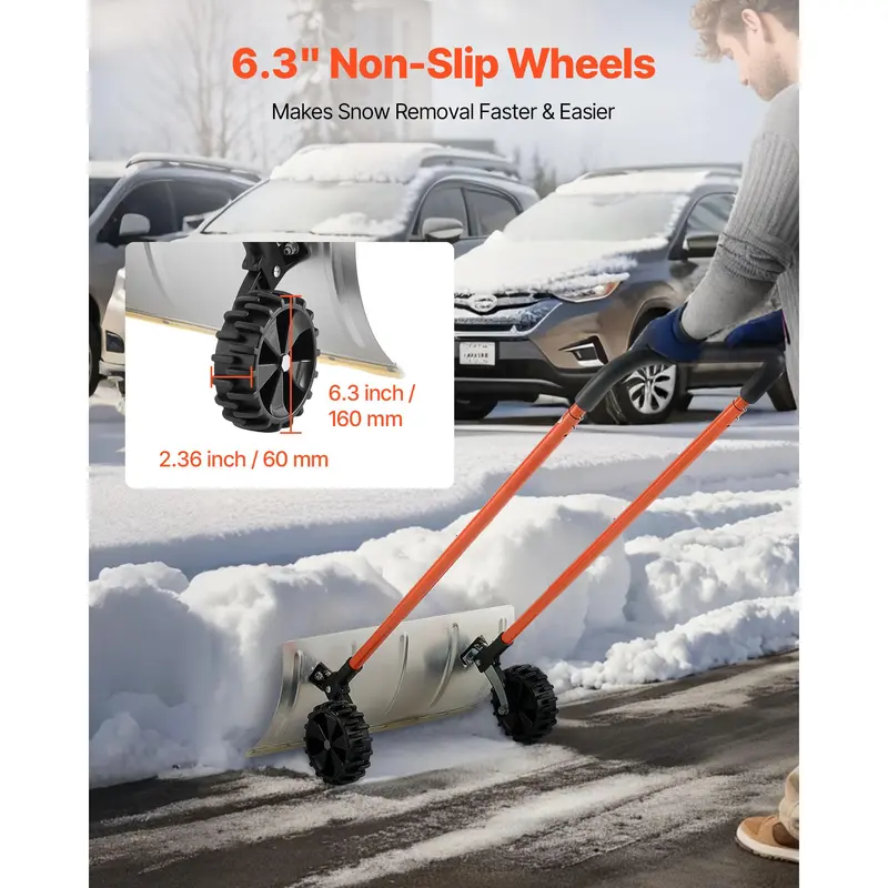 Heavy-Duty Wheeled Snow Pusher Shovel – 24-Inch Wide Blade, Adjustable 90° Handle, 6.3-Inch Surface-Safe Wheels, Quiet Snow Removal Tool for Driveways