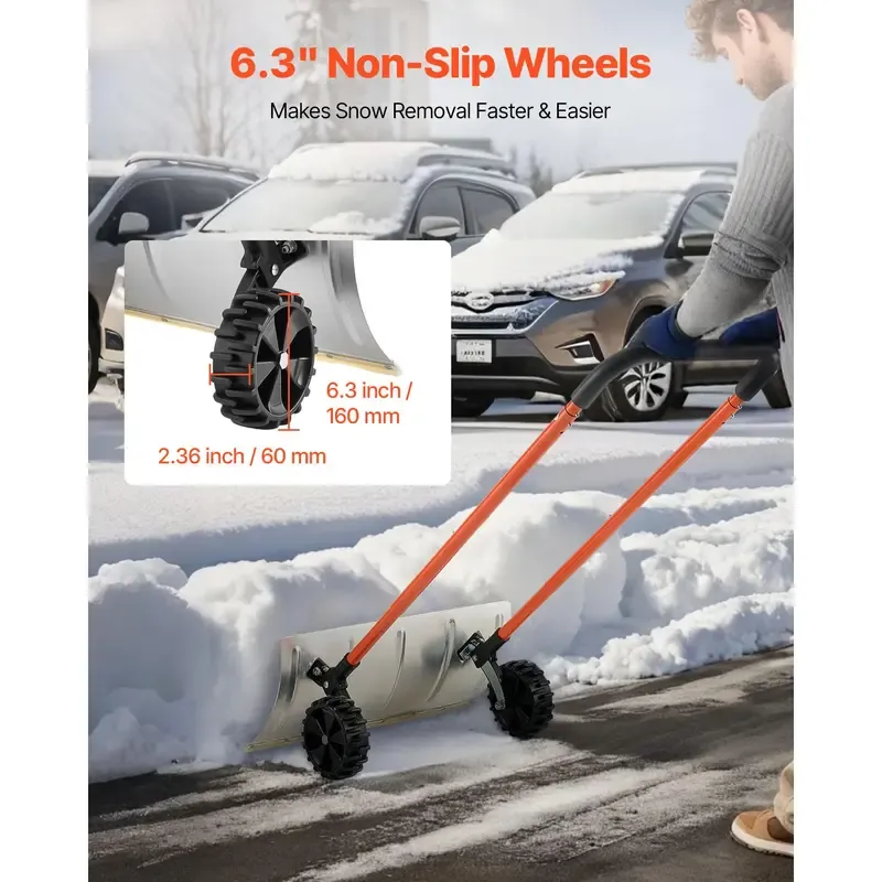 Heavy-Duty Wheeled Snow Pusher Shovel – 24-Inch Wide Blade, Adjustable 90° Handle, 6.3-Inch Surface-Safe Wheels, Quiet Snow Removal Tool for Driveways